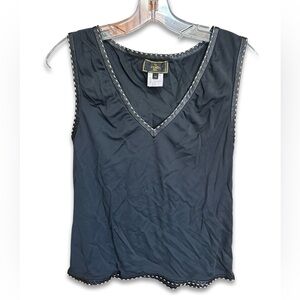 Vintage 90s Fendi V-Neck Black Sleeveless Leather Trim Top Sz 44 / Medium